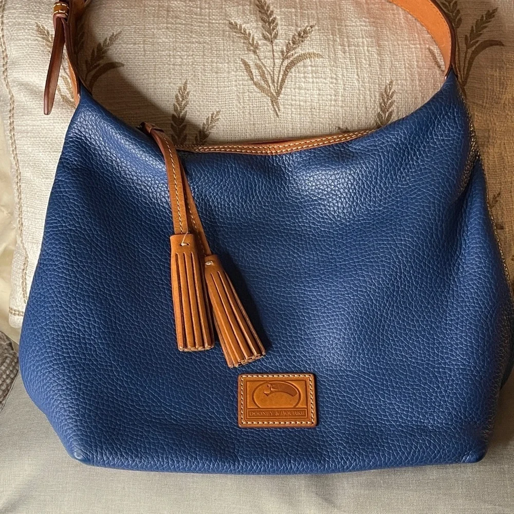 Dooney & Bourke Navy and Tan Hobo Bag Pebbled Quality Leather with tassels
